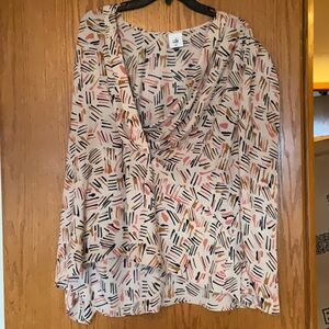 CAbi Marni Striped Abstract Print Blouse Women XXL Tan Crossover Front Bohemian